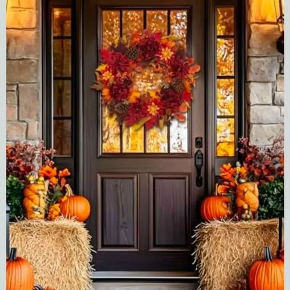 Door Wreath Autumn Dahlia, maple leaves and pinecone BURGUNDY RED ORANGE FLOWERS